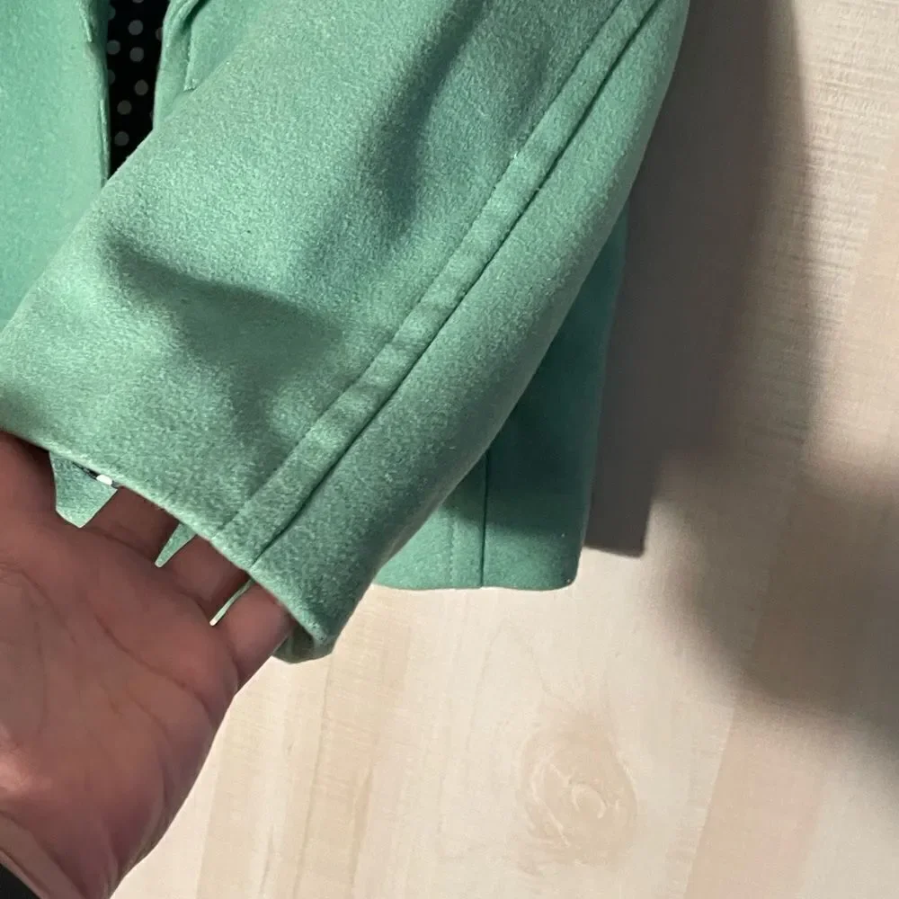 CABi green wool jacket blazer with navy polka dot‎ lining, size medium